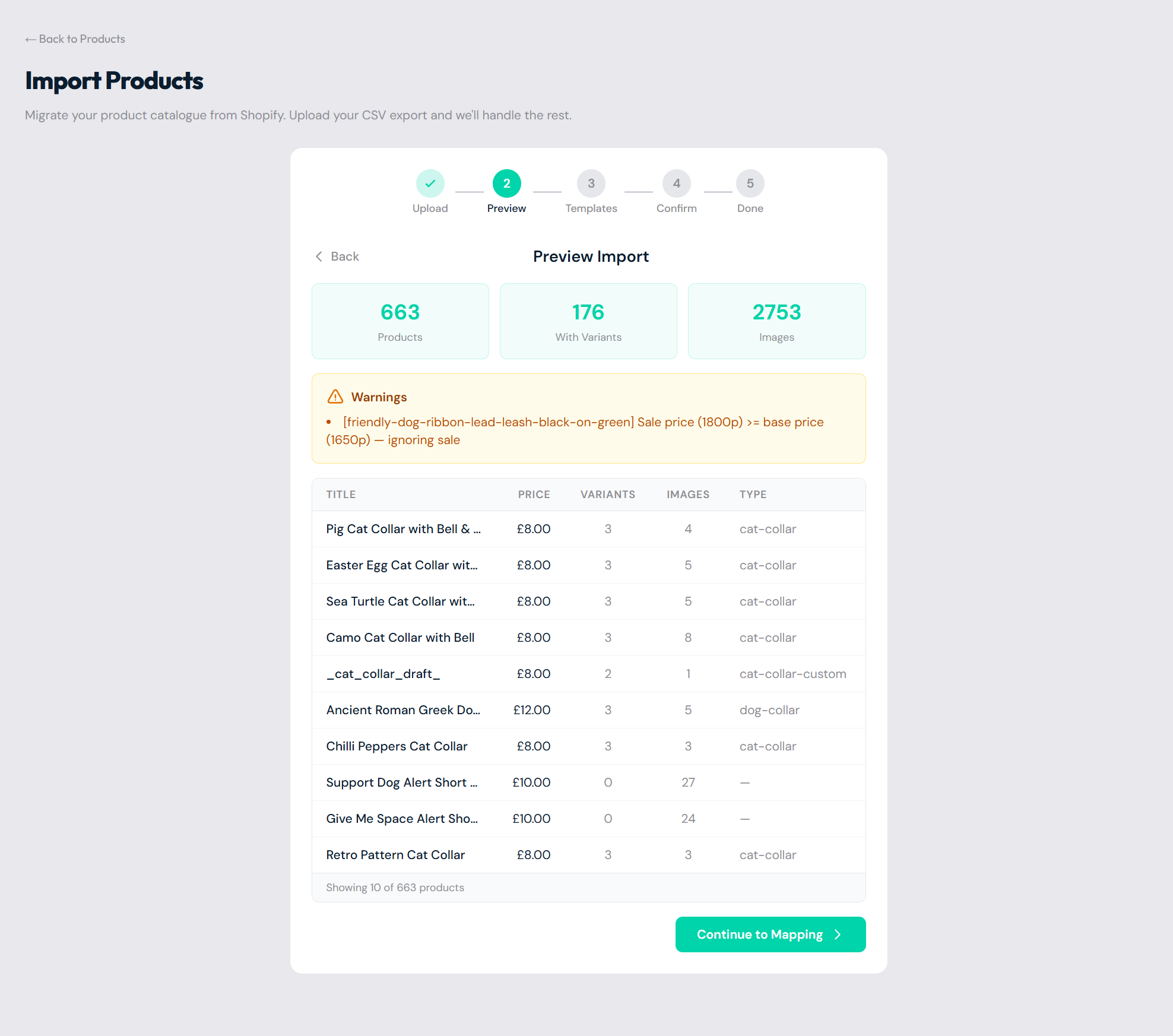 Haul's Shopify importer showing 5 detected variant structures, with the main Color + Fastening + Size template covering 147 products